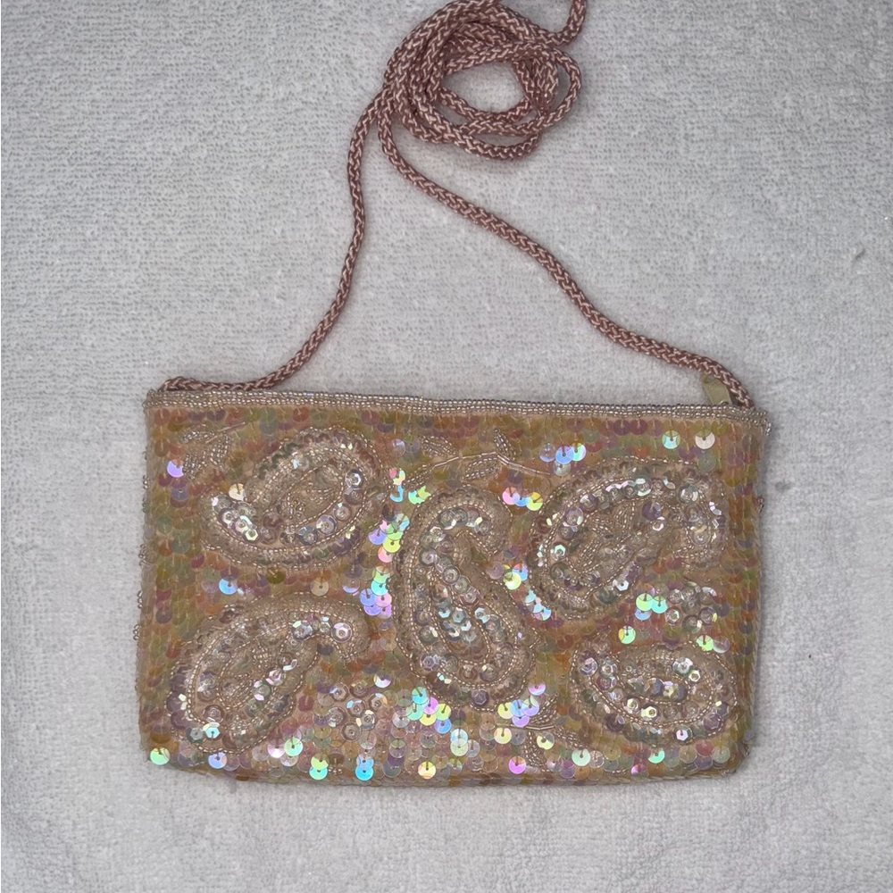 Sequin Paisley Crossbody Bag in Champagne